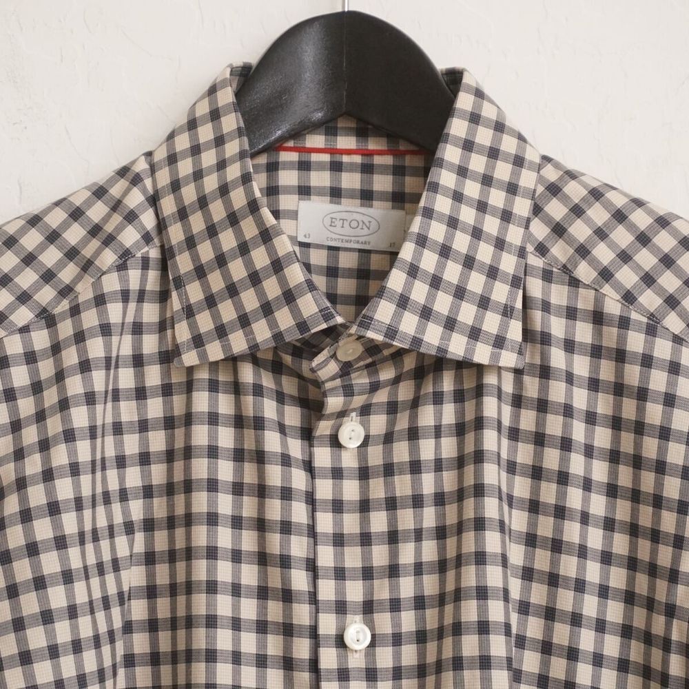Eton Mens Dress Shirt Button Up Gray Beige Plaid Cotton XL / 17 Contemporary